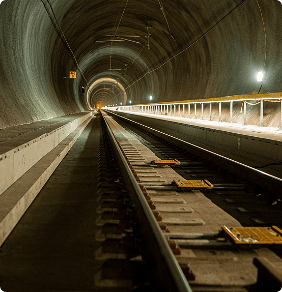 Rail infrastructure tunnel showing railway track and illuminated walls