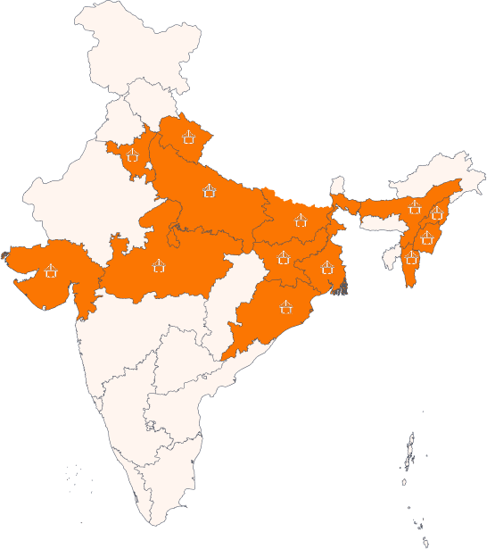 Map of India highlighting selected states with icons representing business locations