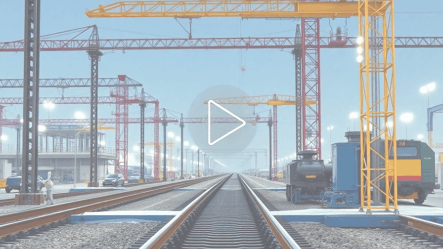 Railway construction site showing multiple cranes and train engines during the day with clear blue sky